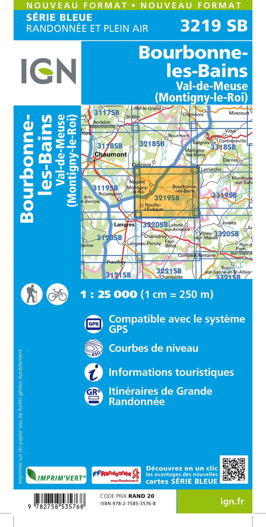 Carte randonnée Bourbonne les Bains/Val de Meuse/Montigny le Roi | série Bleue IGN