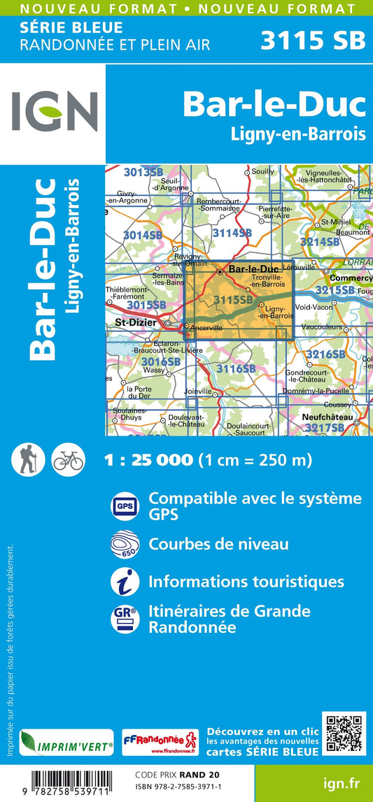 Carte randonnée Bar le Duc/Ligny en Barrois | série Bleue IGN
