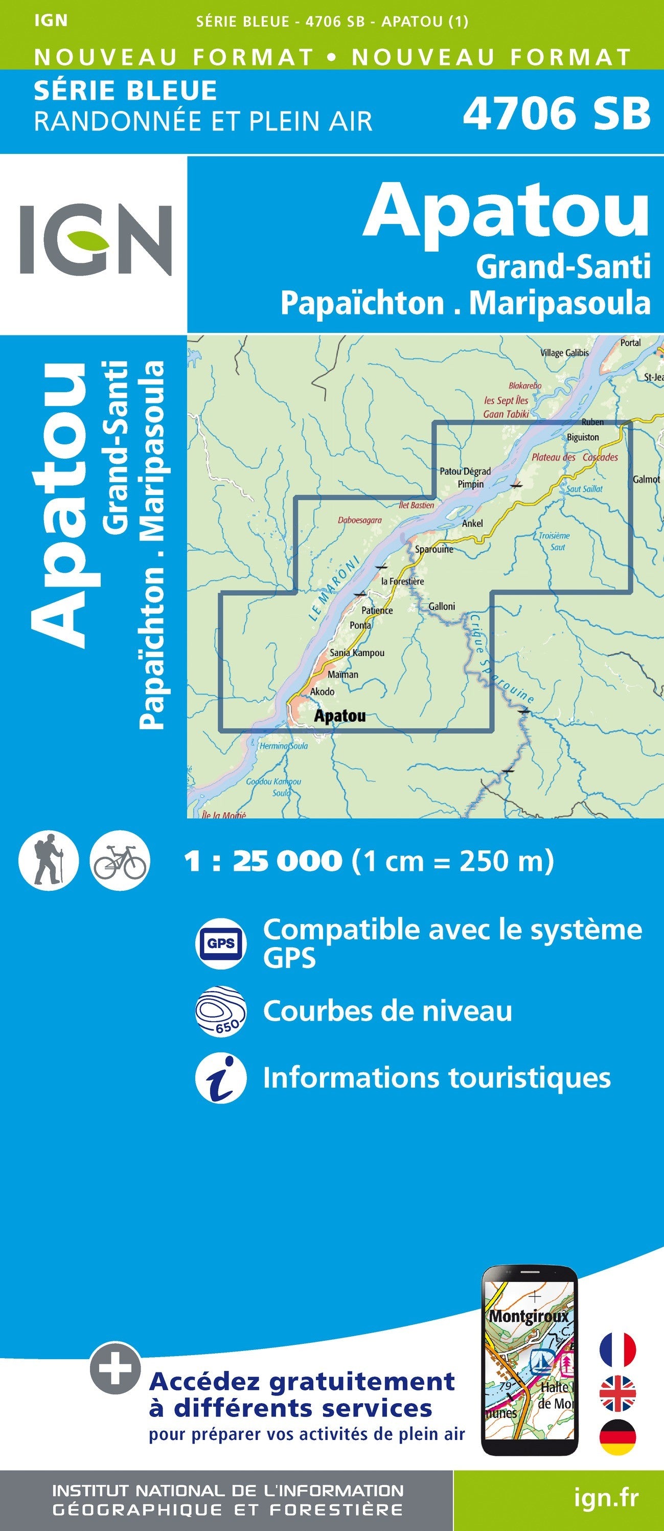 Carte randonnée Apatou.Grand Santi.Maripasoula.Papaïchton (Guyane) | série Bleue IGN