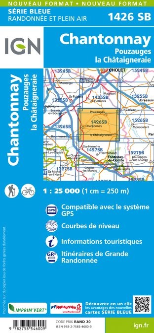 Carte randonnée Chantonnay/Pouzauges/la Châtaigneraie | série Bleue IGN