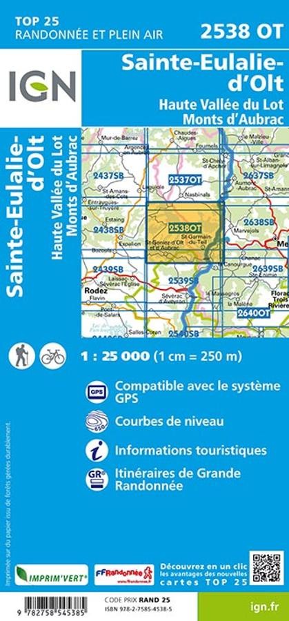 Carte IGN sainte eulalie olt Haute vallee du lot mont aubrac 2538OT série Top 25