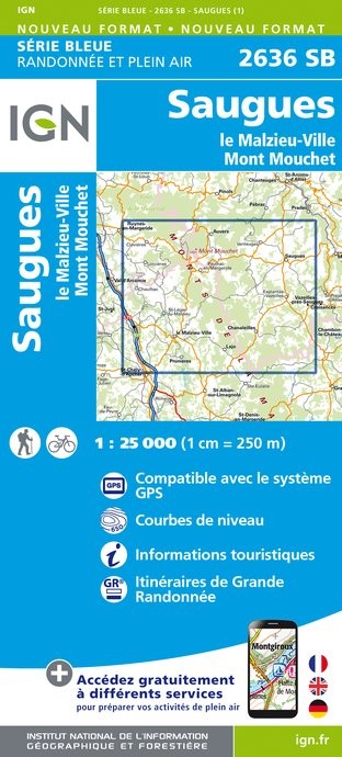 Carte randonnée Saugues/Le Malzieu-Ville/Mont-Mouchet | série Bleue IGN