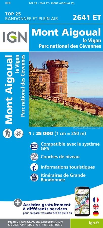 Carte IGN mont aigoual le vigan parc national des cevennes 2641OT série Top 25