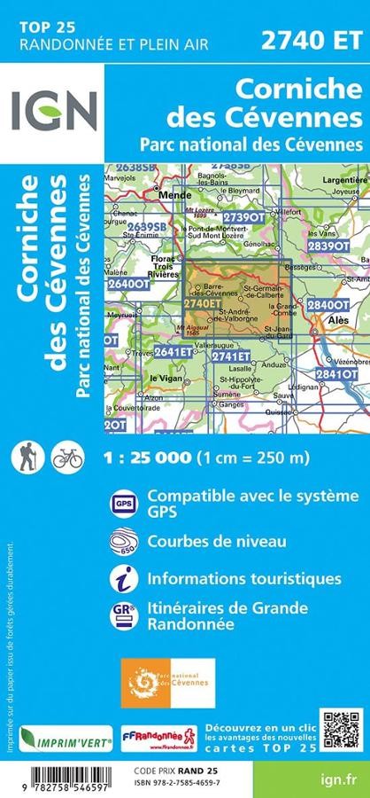 Carte IGN corniche des cevennes parc national cevennes 2740ET série Top 25