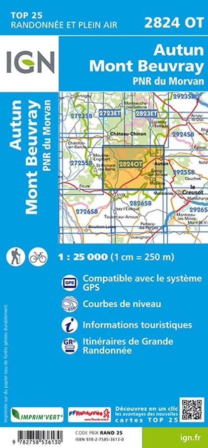 Carte IGN Autun Mont Beuvray parc national du morvan 2824OT série Top 25