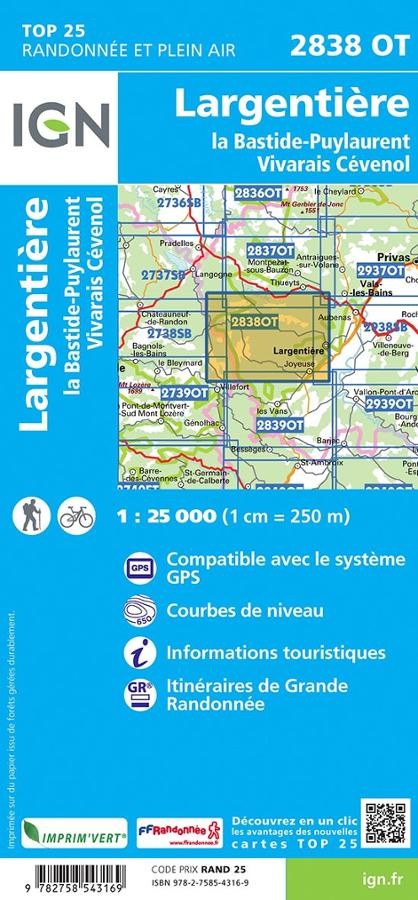 Carte IGN largentiere bastide puylaurent 2838OT série Top 25