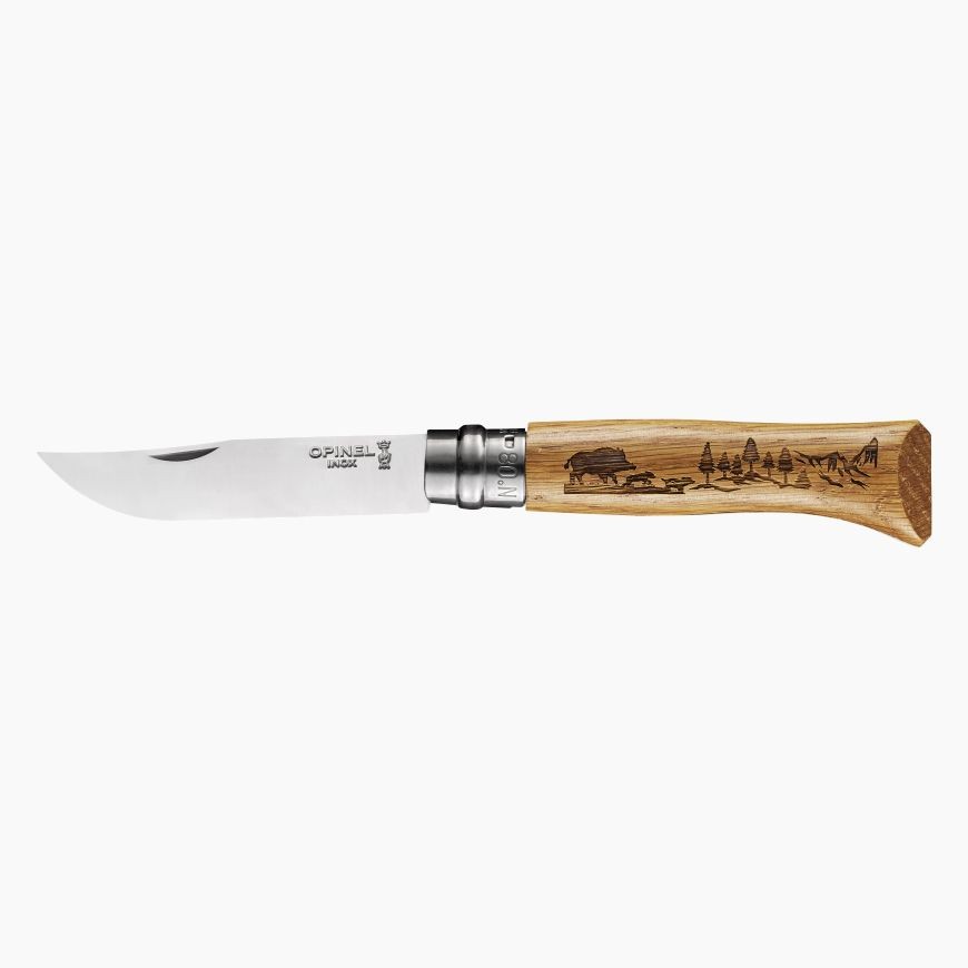 Couteau Opinel n°8 avec manche chêne gravé Sanglier