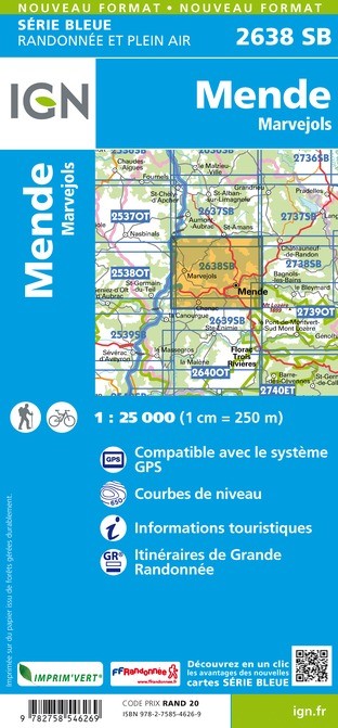 Carte randonnée Mende/Marvejols | série Bleue IGN