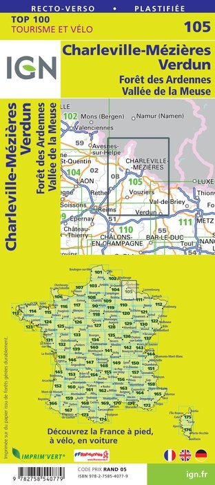 Carte Ign N° 105 Charleville-Mézières Verdun - Fôret Des Ardennes Vallée De La Meuse