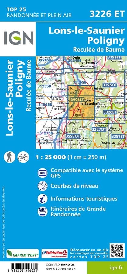 Carte IGN Lons-le-Saunier Poligny 3226ET série Top 25