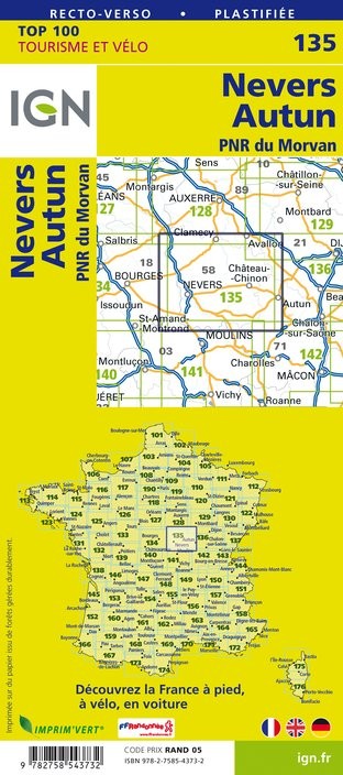 Carte Ign N° 135 Nevers Autun - Pnr Du Morvan
