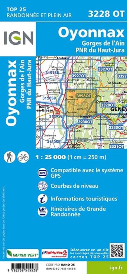 Carte IGN oyonnax gorges ain parc national haut jura 3228OT série Top 25