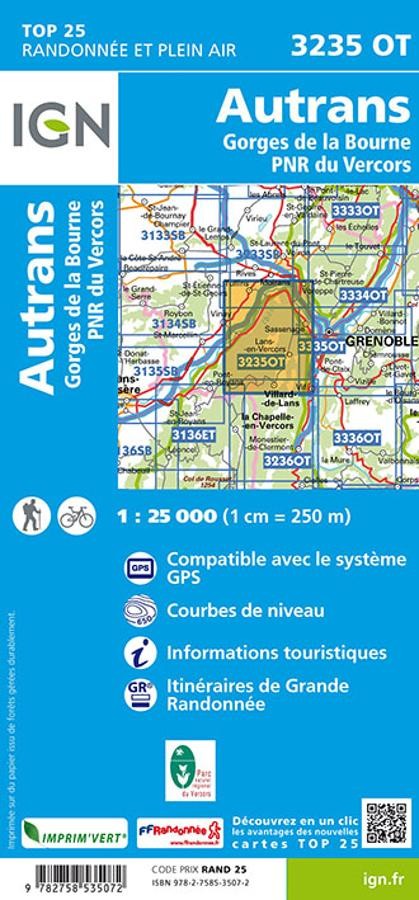 Carte IGN autrans gorges bourne parc national vercors 3235OT série Top 25