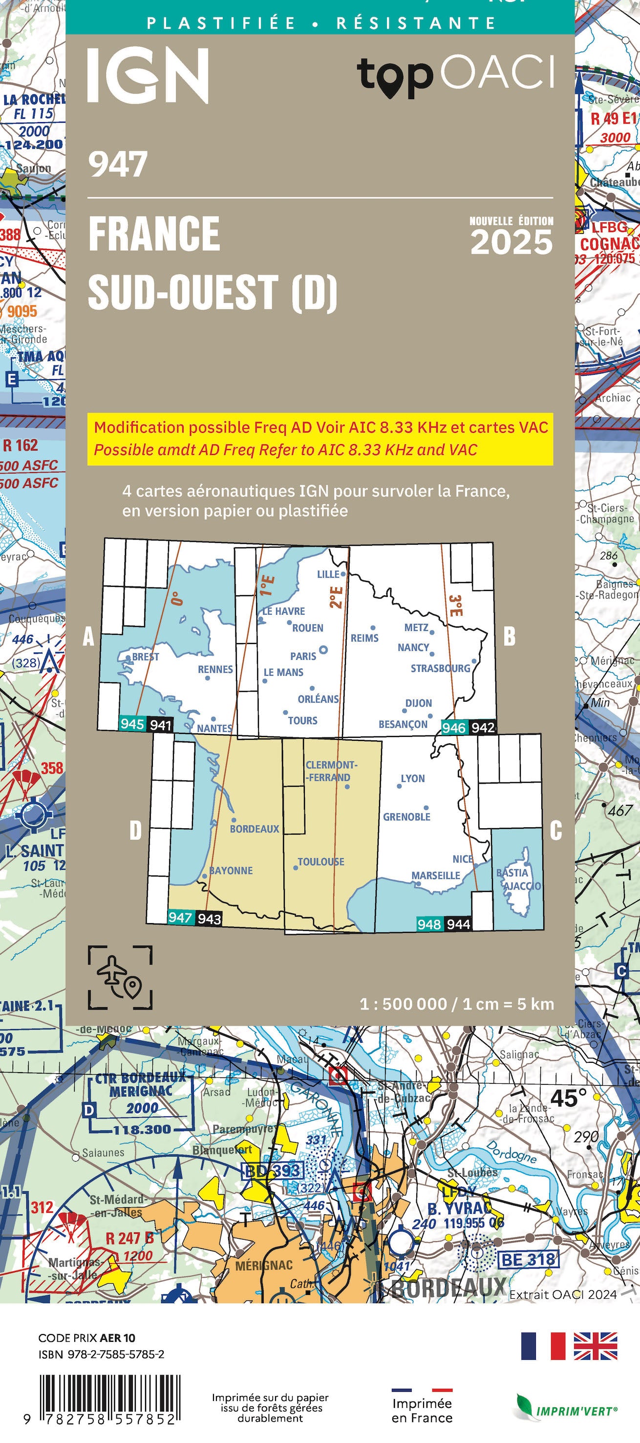 Carte OACI 947 pour l'aviation amateur Sud-Ouest france