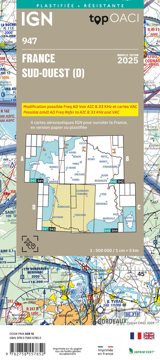 Carte OACI 947 pour l'aviation amateur Sud-Ouest france