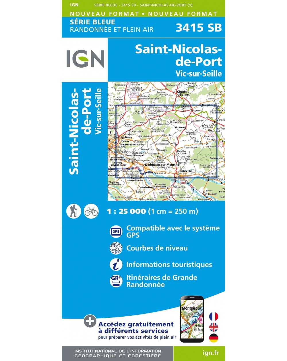 Carte randonnée St-Nicolas-de-Port/Vic-sur-Seille | série Bleue IGN-3415SB