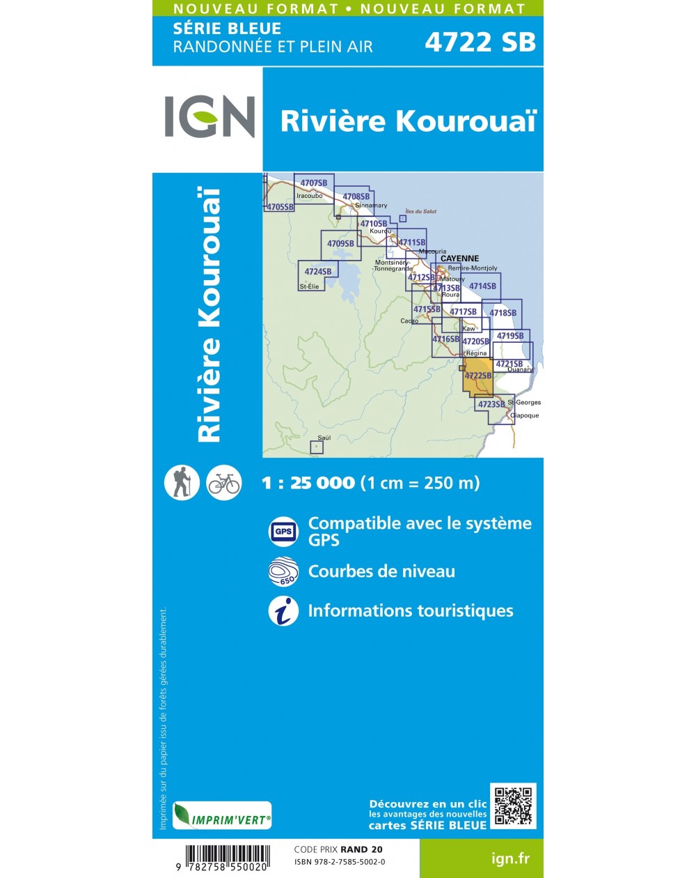 Carte randonnée Rivière Kourouaï (Guyane) | série Bleue IGN-4722SB