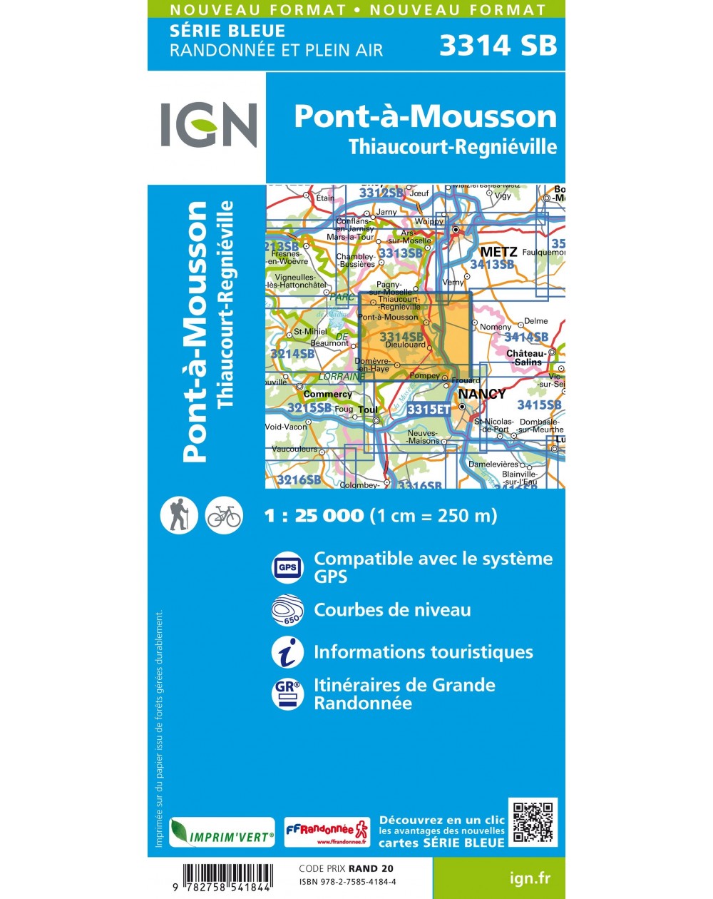 Carte randonnée Pont à Mousson/Thiaucourt Régniéville | série Bleue IGN-3314SB