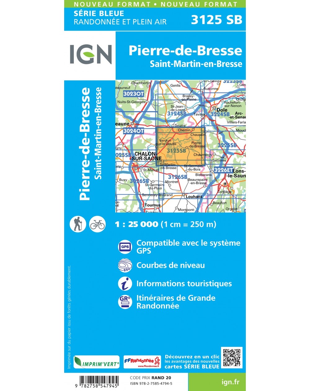 Carte randonnée Pierre-de-Bresse.St-Martin-en-Bresse | série Bleue IGN-3125SB