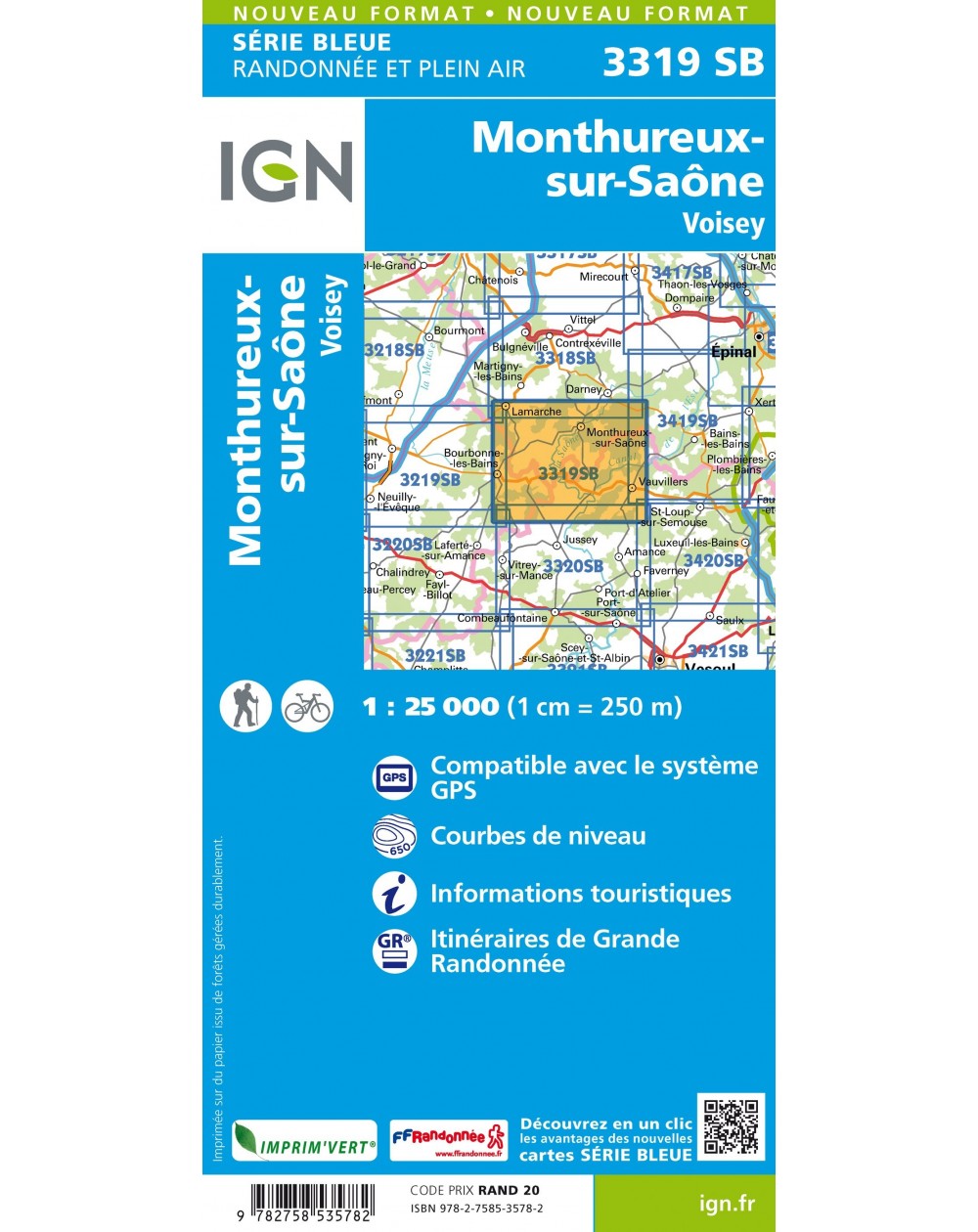 Carte randonnée Monthureux sur Saône/Voisey | série Bleue IGN-3319SB