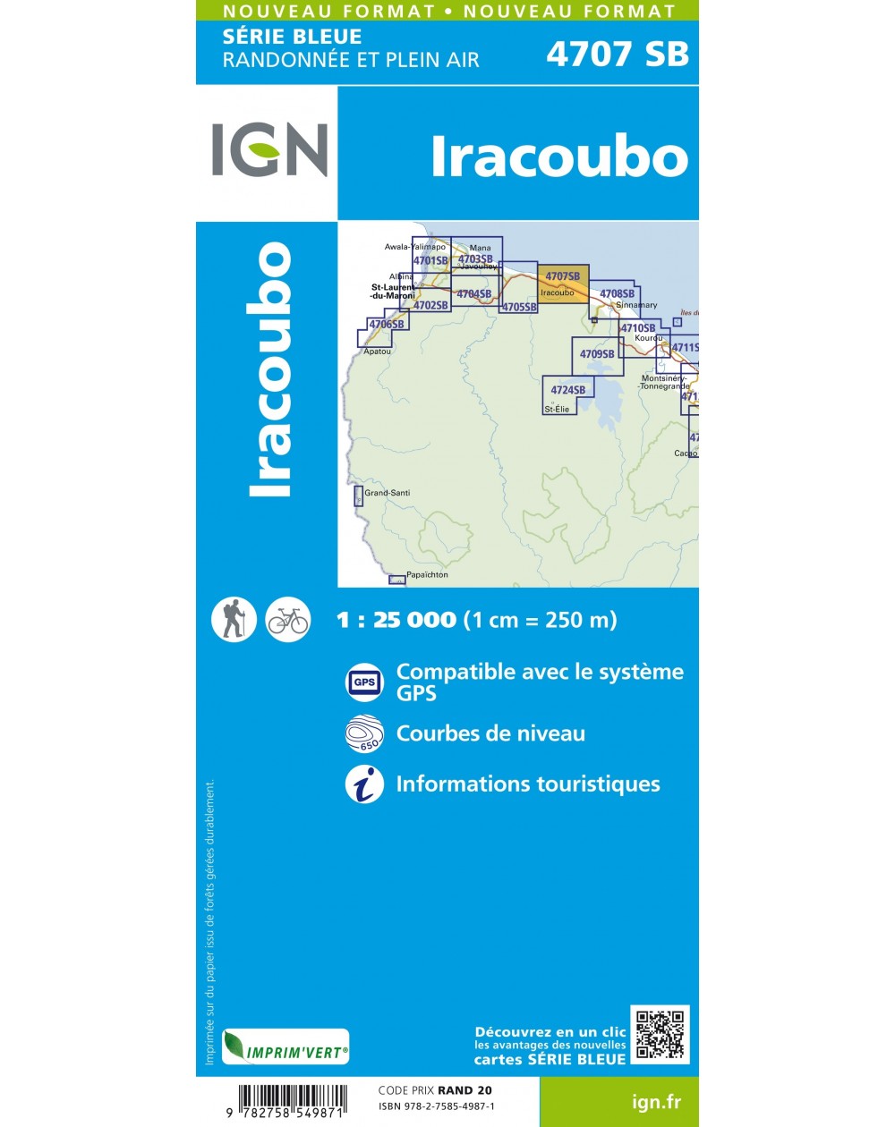 Carte randonnée Iracoubo (Guyane) | série Bleue IGN-4707SB