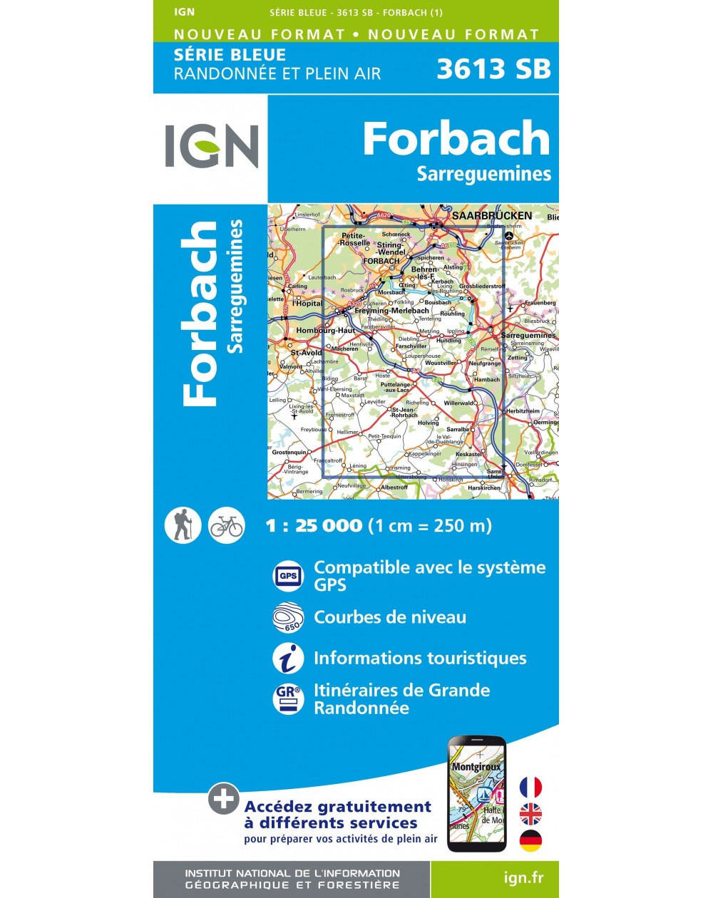 Carte randonnée Forbach.Sarreguemines (remplace 3612O partiellement et 3613O) | série Bleue IGN-3613SB