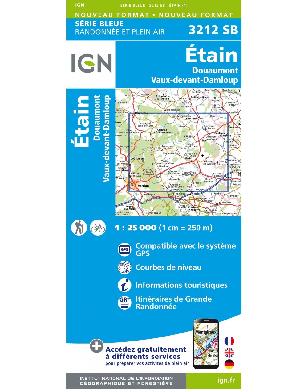 Carte randonnée Étain/Douaumont/Vaux-devant-Damloup  | série Bleue IGN-3212SB