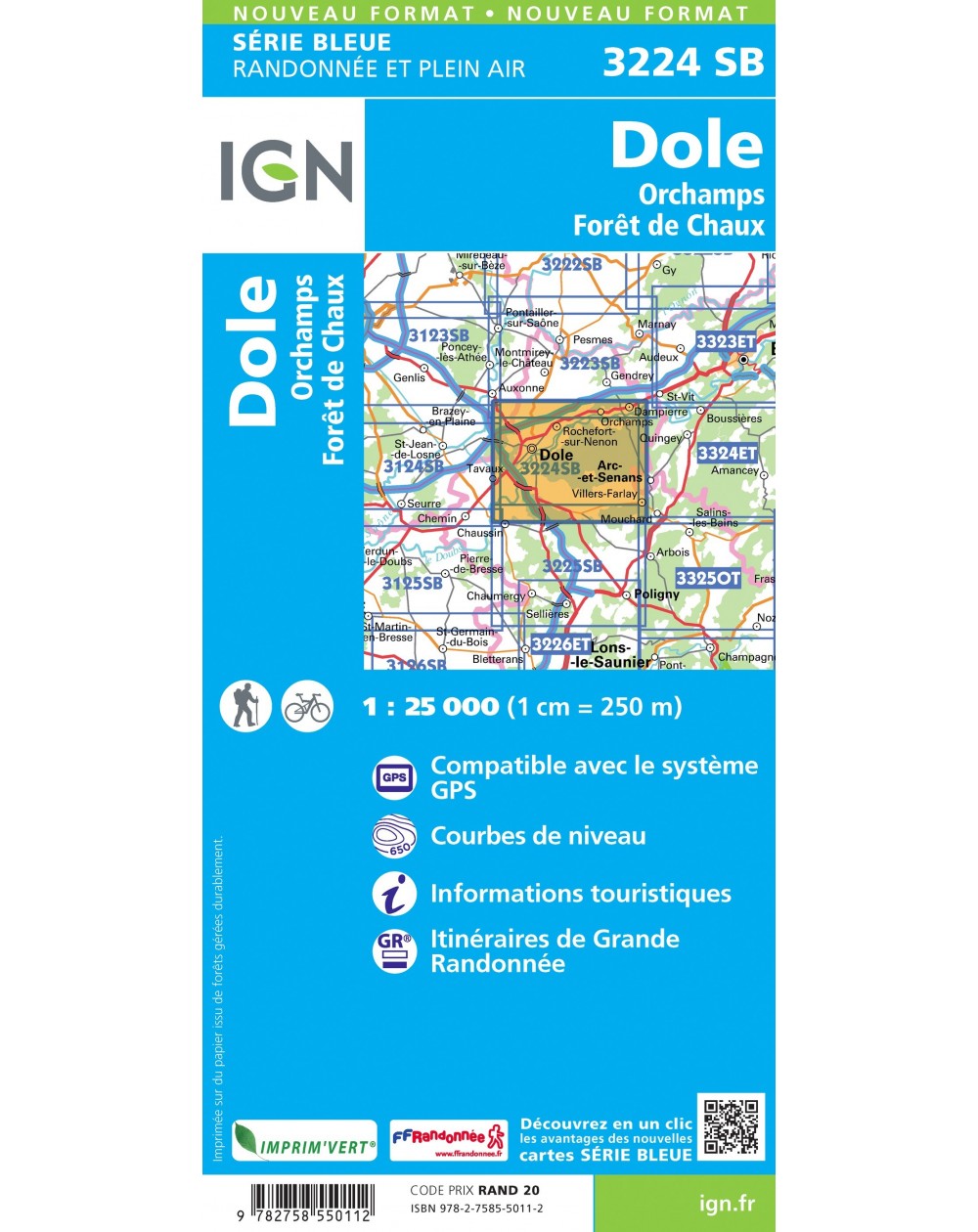 Carte randonnée Dole-Orchamps.Forêt de Chaux | série Bleue IGN-3224SB