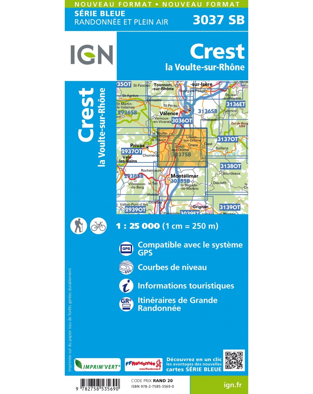 Carte randonnée Crest/La Voulte sur Rhone | série Bleue IGN-3037SB