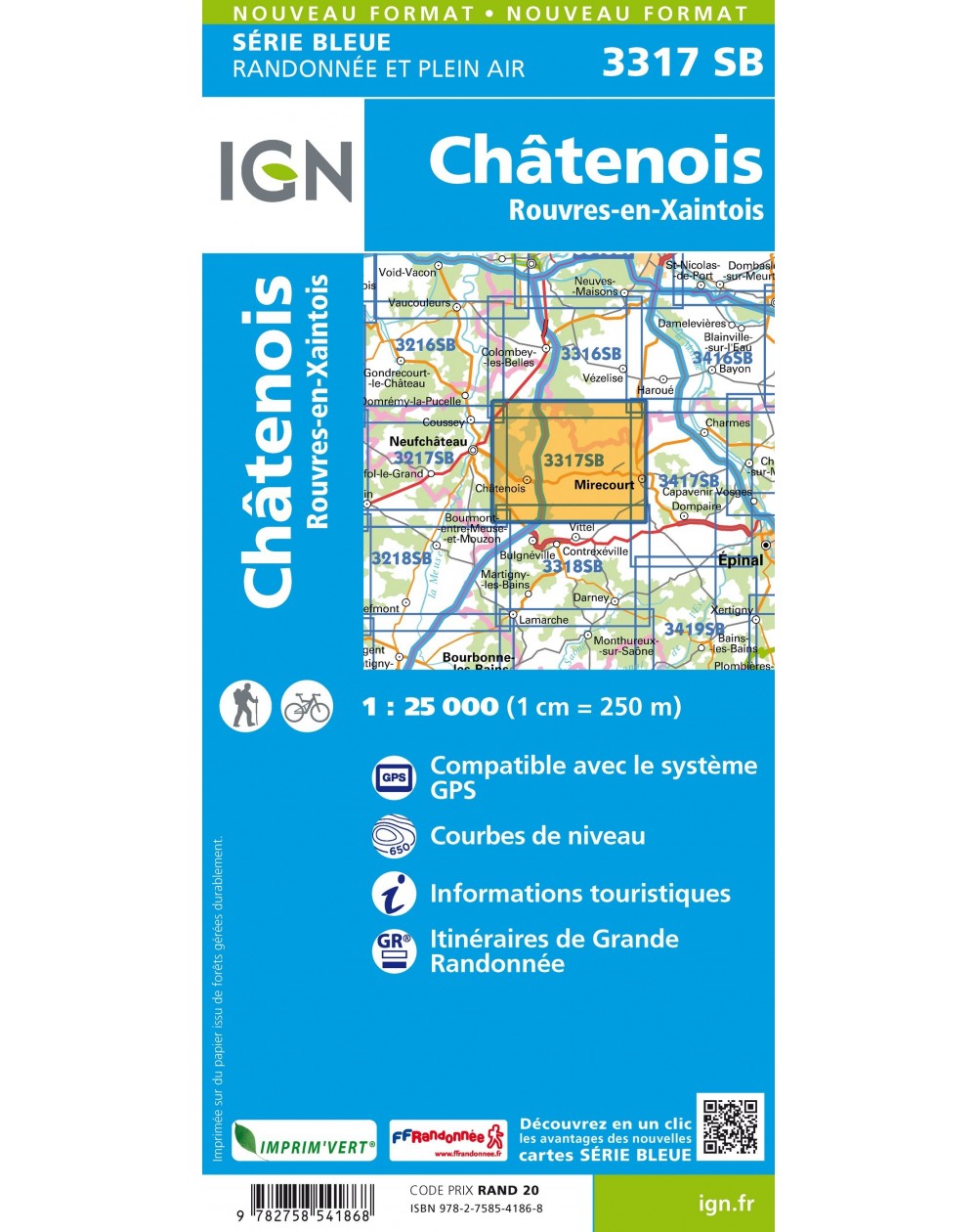 Carte randonnée Chatenois/Rouvres en Xaintois | série Bleue IGN-3317SB