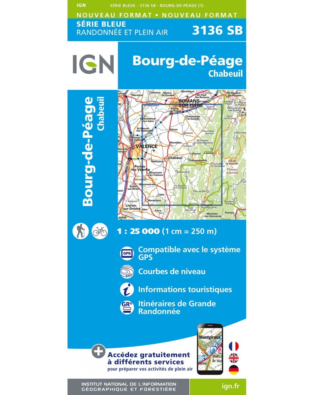 Carte randonnée Bourg de Péage/Chabeuil | série Bleue IGN-3136SB