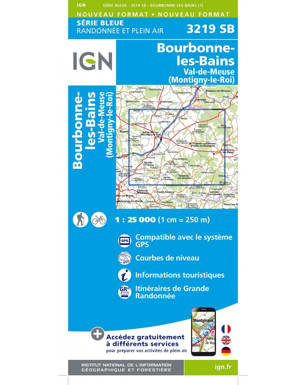 Carte randonnée Bourbonne les Bains/Val de Meuse/Montigny le Roi | série Bleue IGN-3219SB