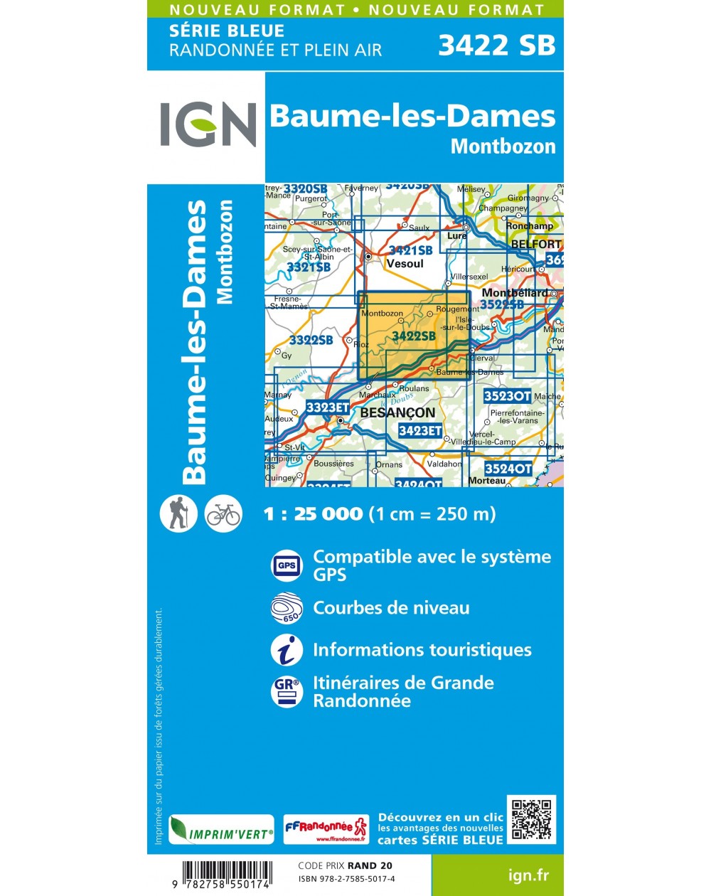 Carte randonnée Baume-les-Dames-Montbozon | série Bleue IGN-3422SB