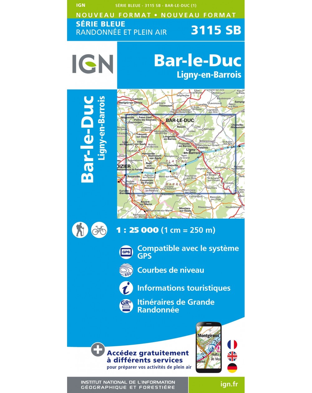 Carte randonnée Bar le Duc/Ligny en Barrois | série Bleue IGN-3115SB