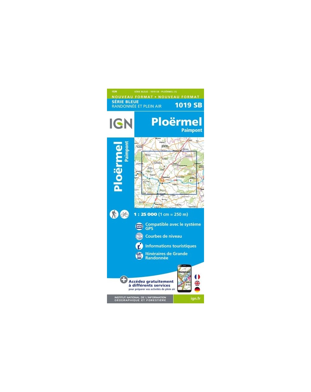 Carte randonnée Ploermel/Paimpont | série Bleue IGN-1019SB