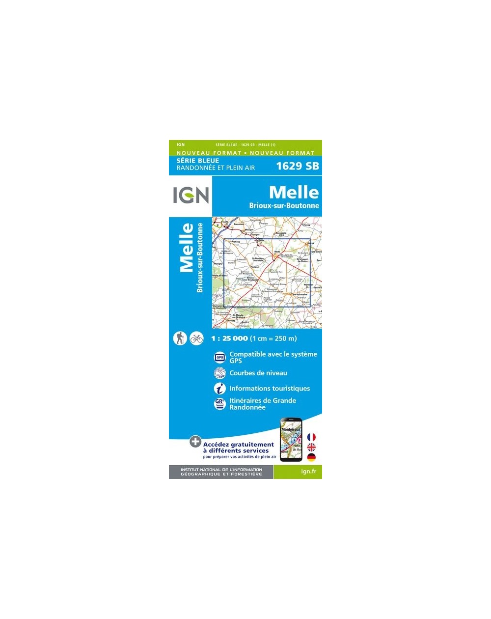 Carte randonnée Melle/Brioux sur Boutonne | série Bleue IGN-1629SB