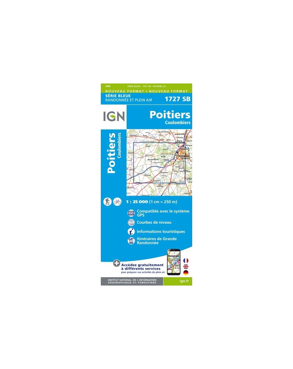 Carte randonnée Poitiers - Coulombiers | série Bleue IGN-1727SB