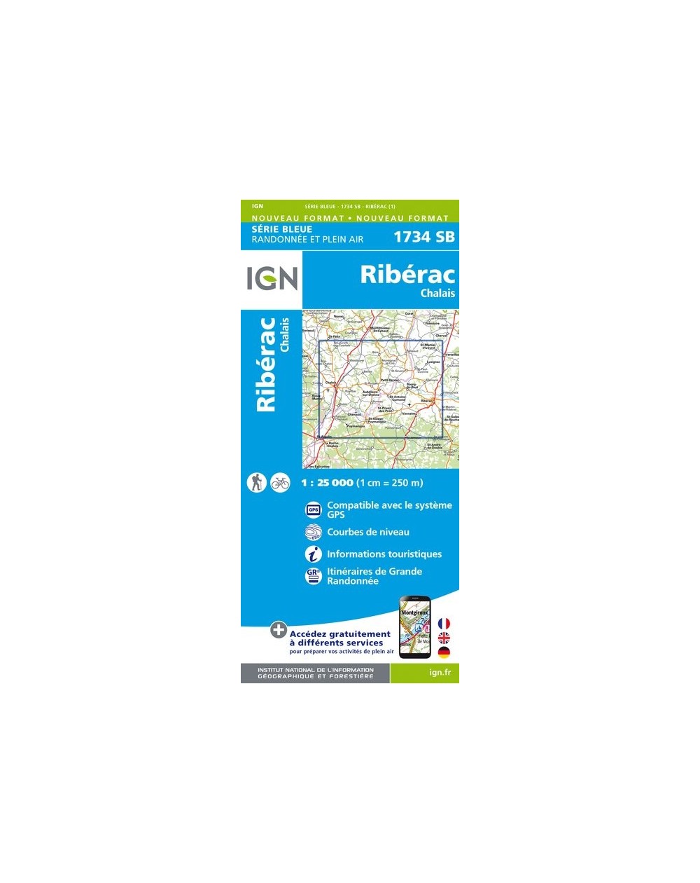 Carte randonnée Ribérac/Chalais | série Bleue IGN-1734SB