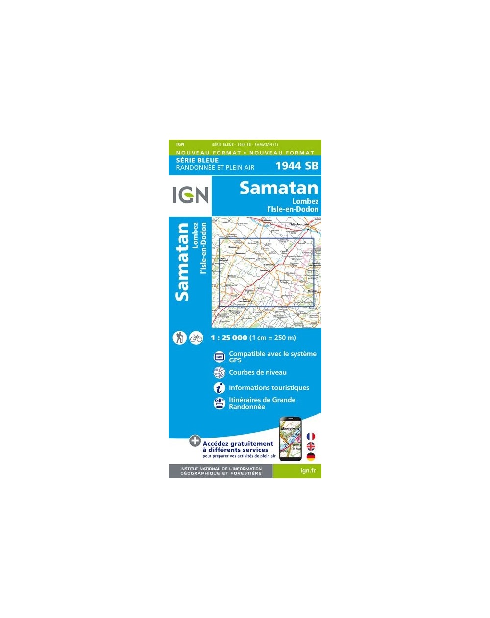 Carte randonnée Samatan/Lombez/L'Isle en Dodon | série Bleue IGN-1944SB