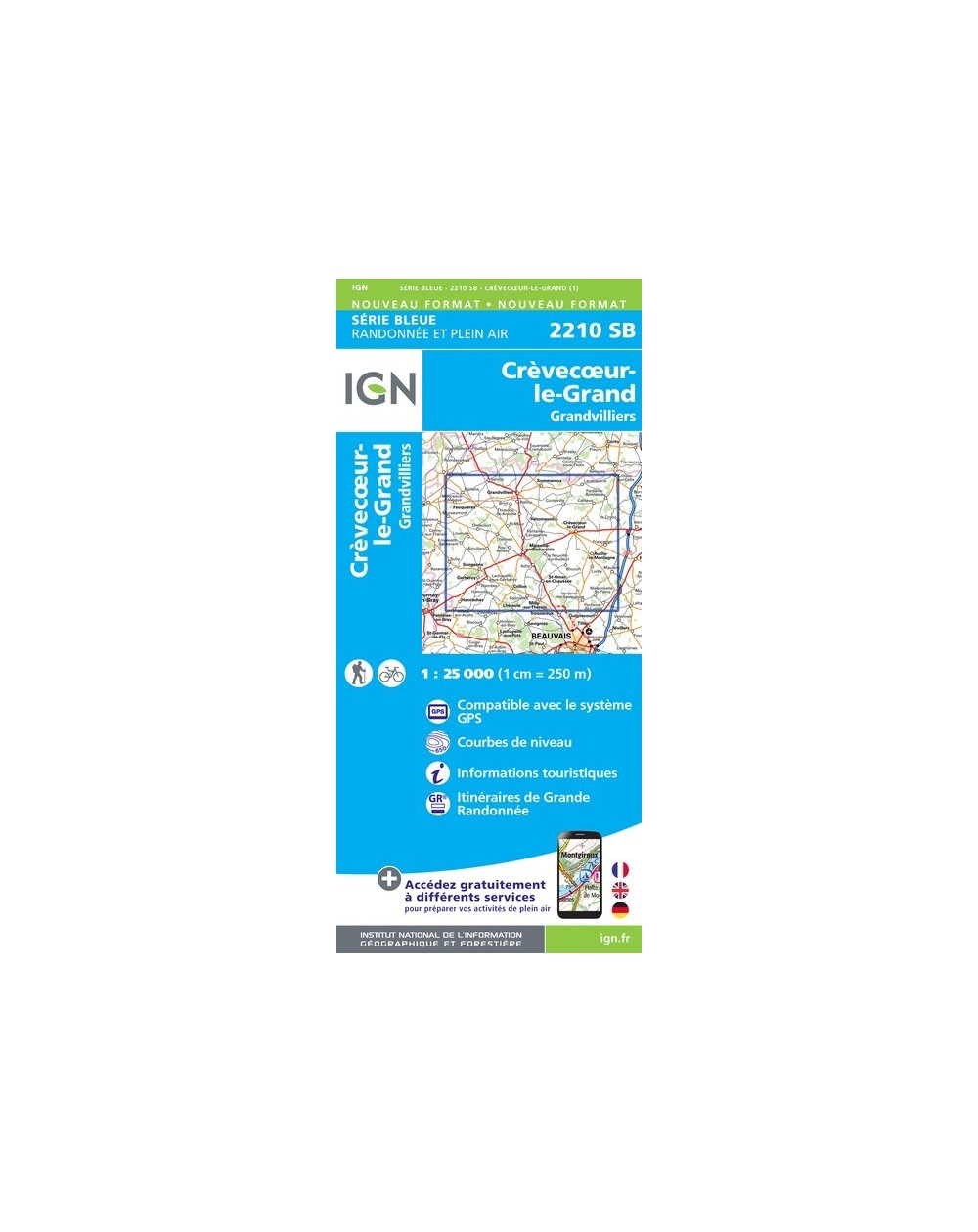 Carte randonnée Crèvecœur-le-Grand.Grandvilliers  | série Bleue IGN-2210SB