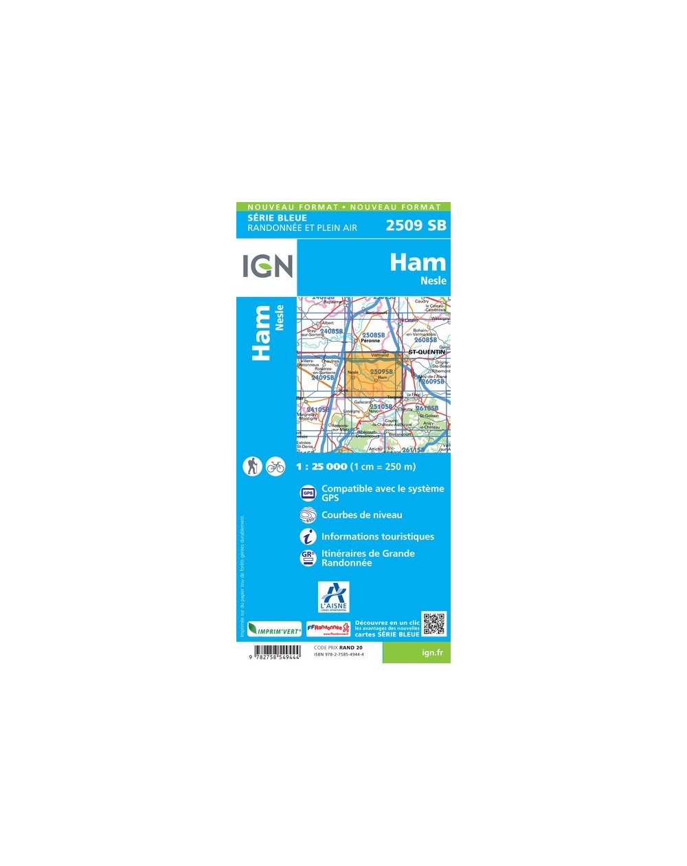 Carte randonnée Ham.Nesle (remplace 2509O et 2509E) | série Bleue IGN-2509SB