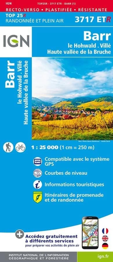 Carte IGN 3717ETR Barr Hohwald Resistante | Sainte-Odile, Champ du Feu, GR5
