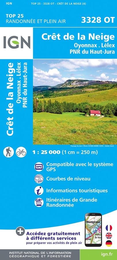 Carte IGN Crêt de la Neige Oyonnax Lélex parc du haut jura 3328OT série Top 25