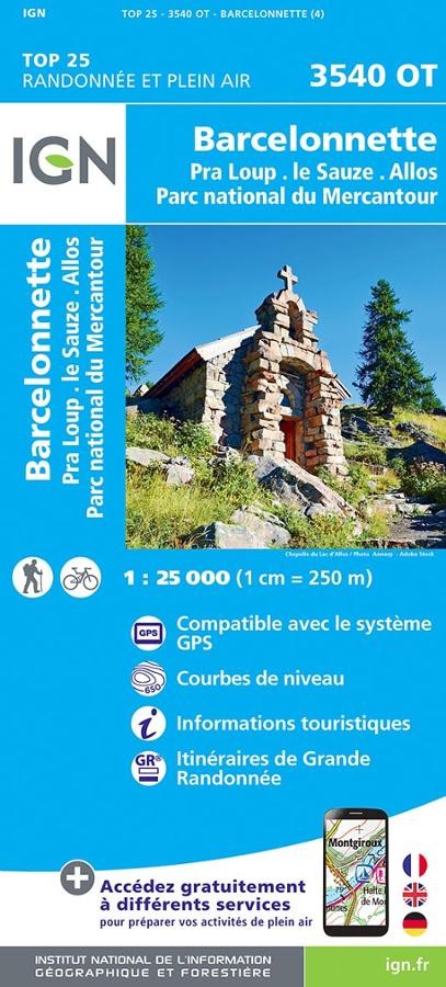 Carte IGN Barcelonnette Pra Loup Allos le sauze parc mercantour 3540OT série Top 25