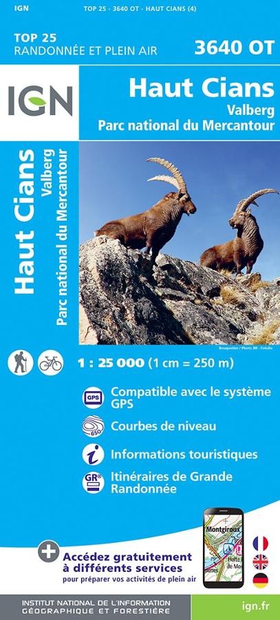 Carte IGN haut cians valberg parc national mercantour 3640OT série Top 25