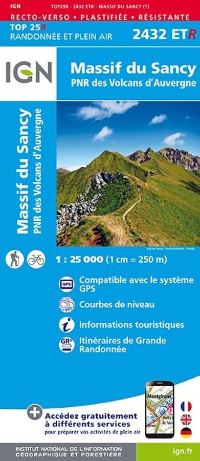 Carte IGN  massif sancy volcans auvergne 2432ETR série Top 25 Résistante