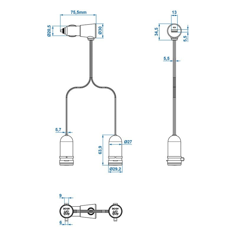 Double prise allume cigare + fiche USB type A 2100mA 12V/24V