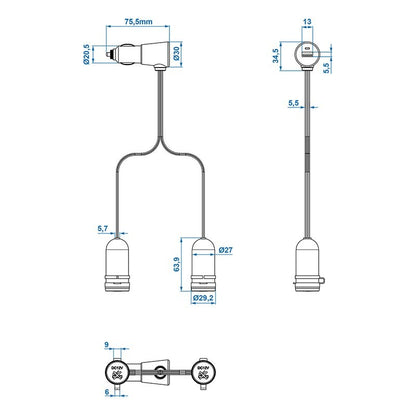 Double prise allume cigare + fiche USB type A 2100mA 12V/24V