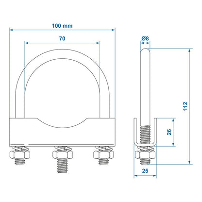 Etrier de fixation en U ronde 60/70mm pour collier roue jockey - jeu de 2 pièces