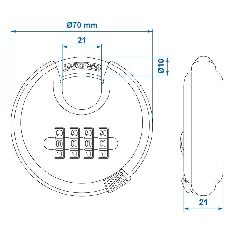 Cadenas à disque Ø70mm avec combinaison de chiffres